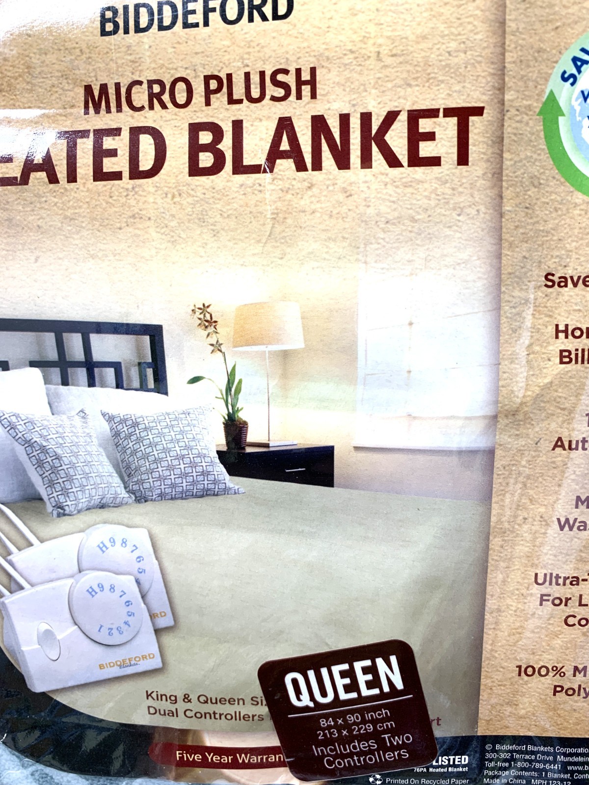 Biddeford Electric Heated Micro Plush Queen Sz 84"x 90" Blanket Blue AutoShutoff