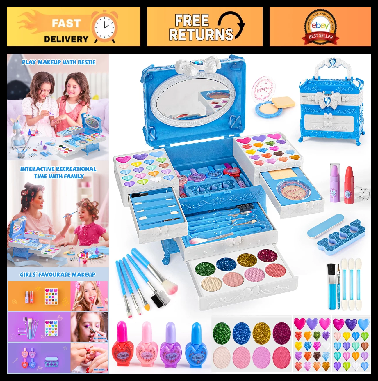 66pcs Kids Makeup Set - Non-Toxic Washable Cosmetics with Mirror, Birthday Gift