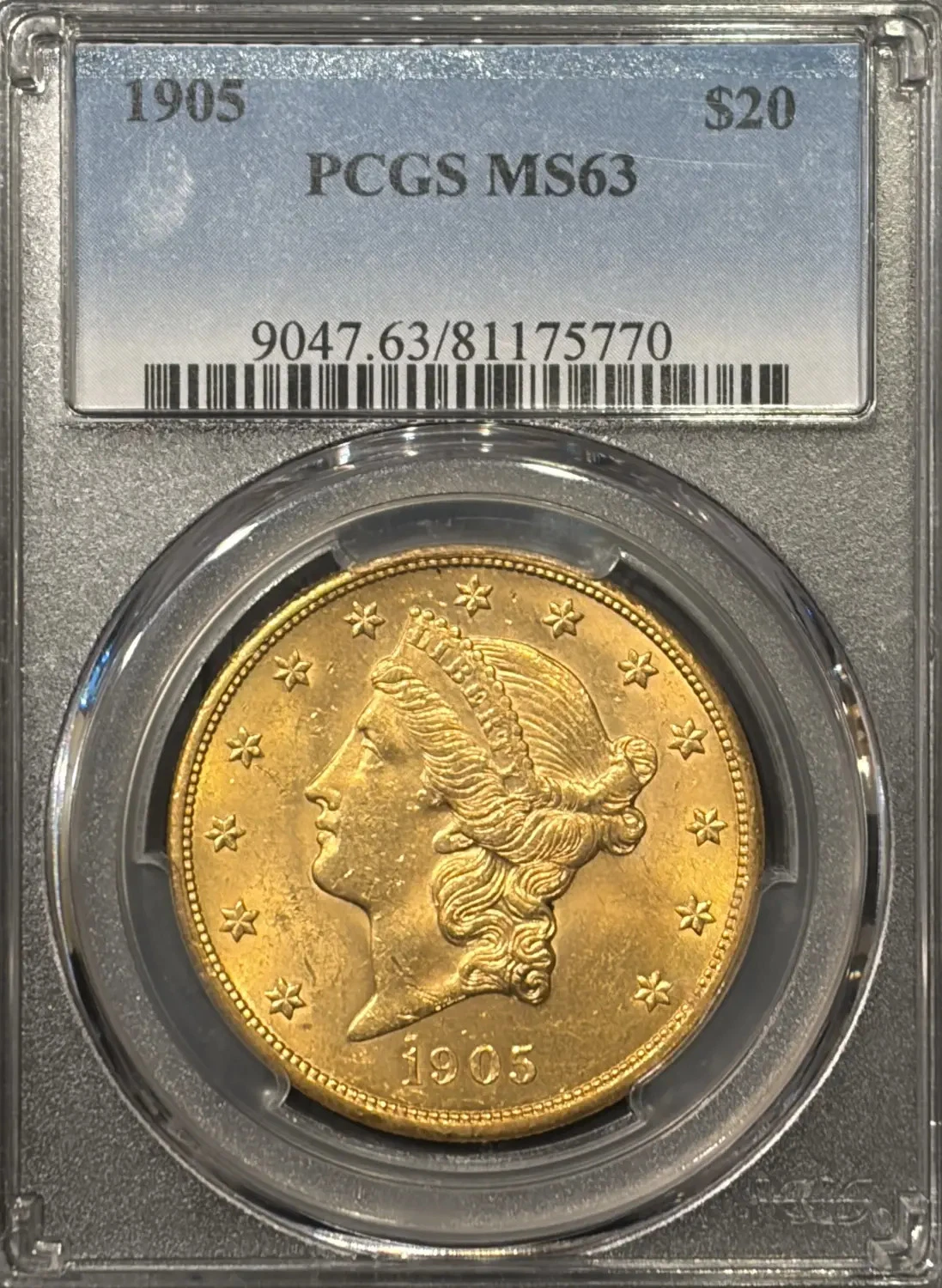 1905 $20 GOLD LIBERTY DOUBLE EAGLE PCGS MS63 - VERY RARE IN THIS GRADE!
