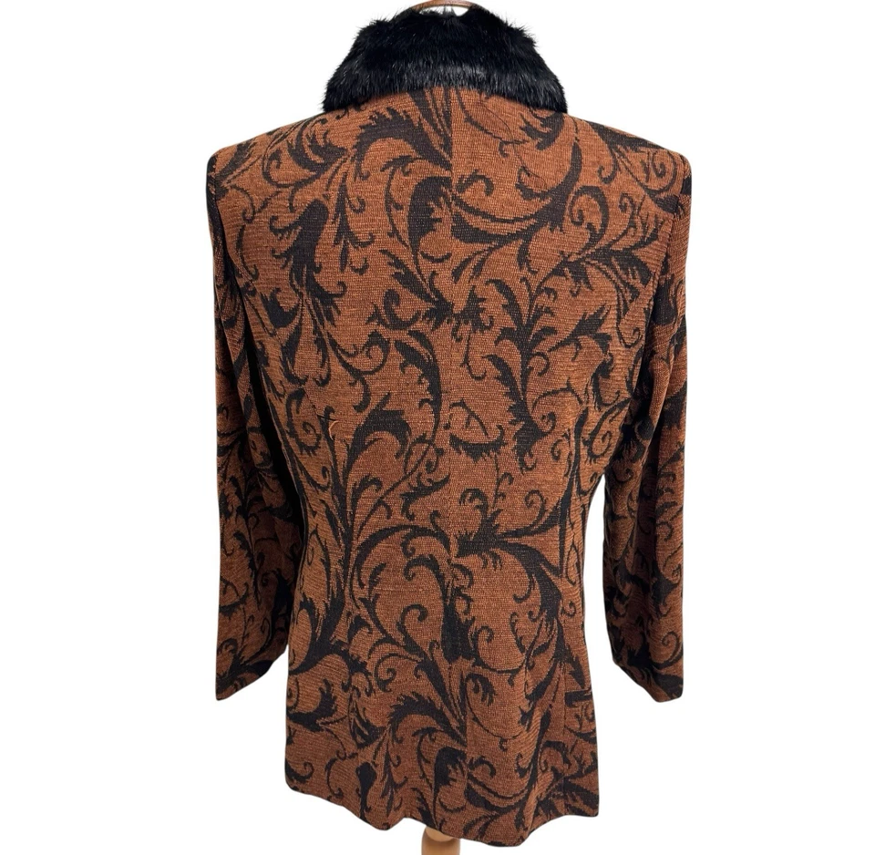 复古 Jessica Howard Blazer 人造毛皮领 棕色 巴洛克印花亮片 尺寸 12 — 第 4/4 张图片