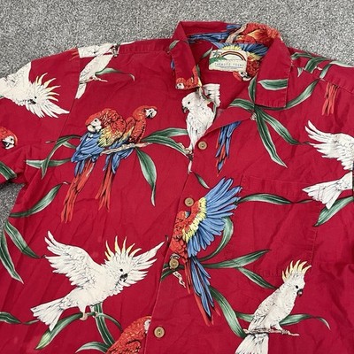 Paradise Found Hawaiian Shirt Mens Medium Red Parrot Palm Tree Magnum PI Vintage