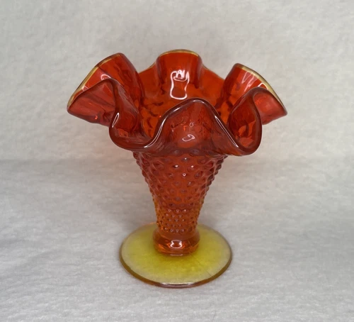 VTG Fenton Hobnail Amberina Trumpet Vase UV Ruffled Cadmium Glass 3.75” Tall