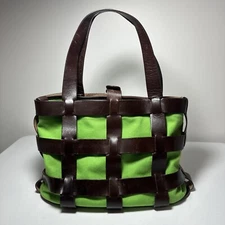 Lands End Shoulder Hand Bag Purse Brown Woven Basket Leather And Green Canvas