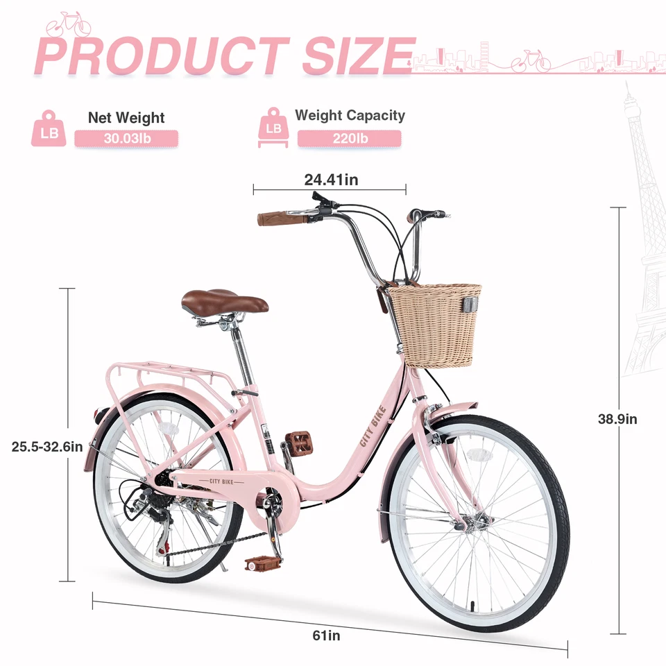 7 Speed Bike Cruiser for Girls Women with Ratten Basket 22 Inch Girls Bicycle - Image 4 of 4