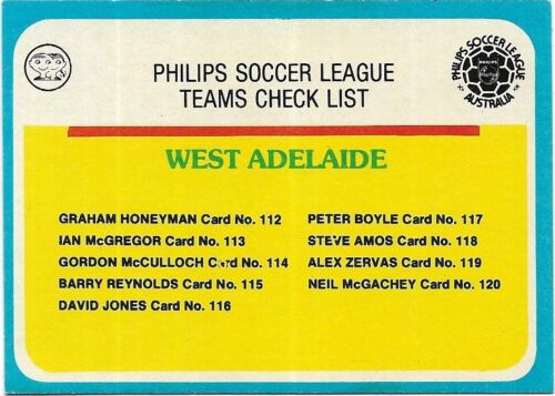 1978 Scanlens Philips Soccer League Checklist - WEST ADELAIDE - Afbeelding 1 van 2