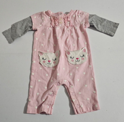 Carter's Baby Girl Super Cute Romper Pink White Polka Dots Kitty Face SZ 3 Month