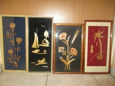 4 DDR Strohbilder KULT Deko, Holzkunst, Kunstgewerbe Handarbeit,70er Jahre,