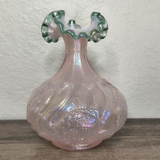 George Fenton Signed Opalescent Iridescent Pink & Green Ruffled Crest Swan Vase