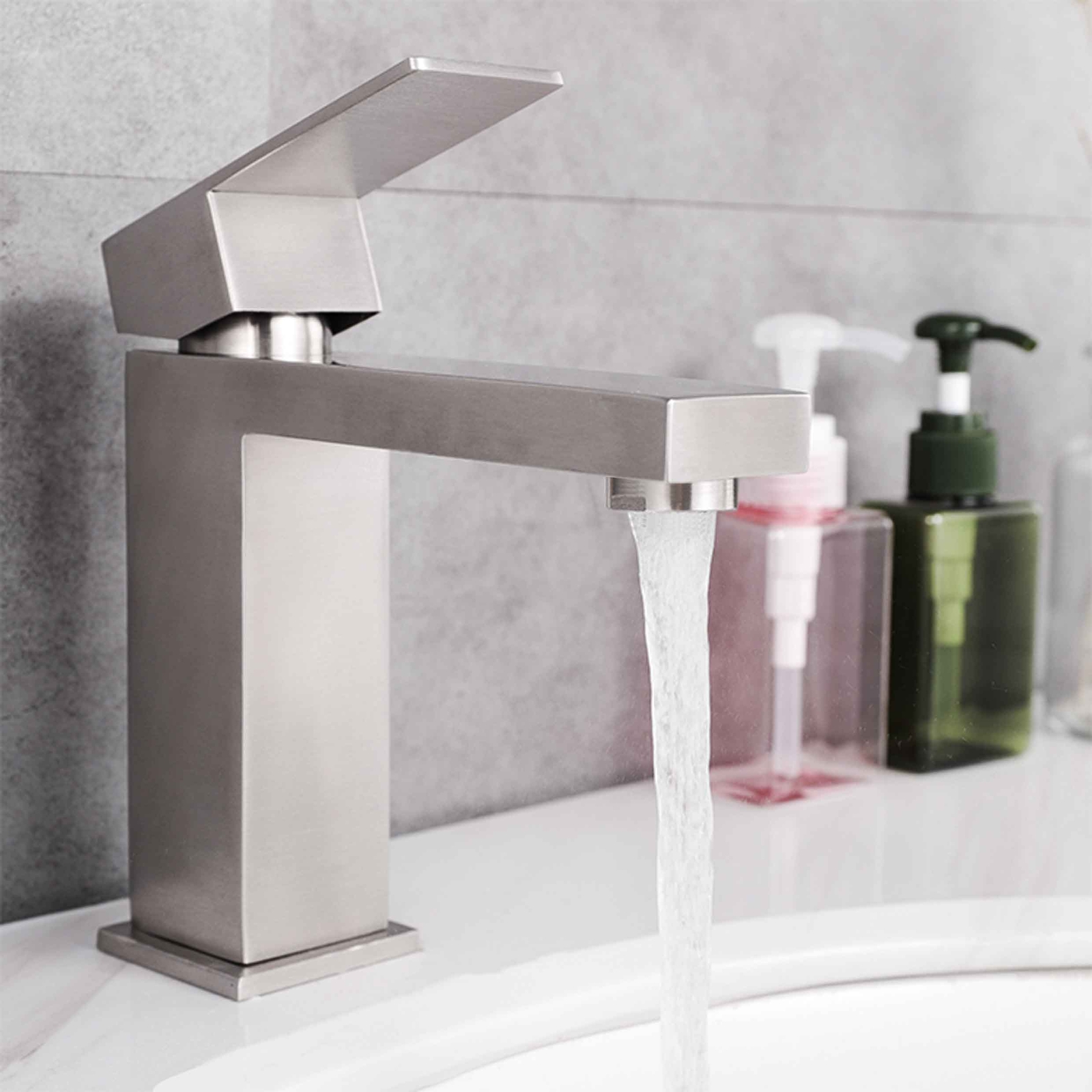 Brushed Stainless Steel Square Basin Mixer Tap Mono Bathroom Vanity ...