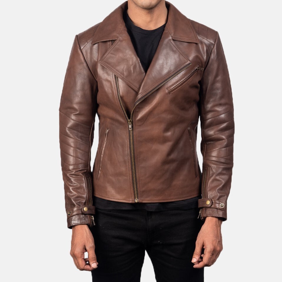 Men's Asymmetrical Cafe Racer Style Brown Quilted Leather Biker Jacket