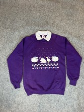Vintage 90s Animals Sweatshirt Womens Large Purple Collared Crew Neck Made USA