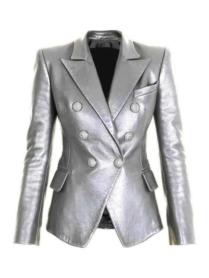 Blazer de cuero plateado formal de piel de cordero pura para mujer talla S M L XL XXL Customiz-126 Foto 2 de 4
