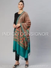 Hand Woven Pashmina Wool Green Shawl Wrap Evening Stole Oversize Shawl Throw 80"