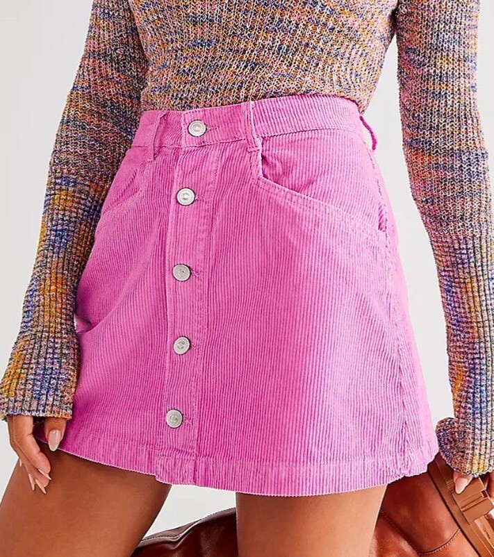 FREE PEOPLE Ray Corduroy Mini Skirt Sz 8 Pink Button Up High Rise 100% Cotton