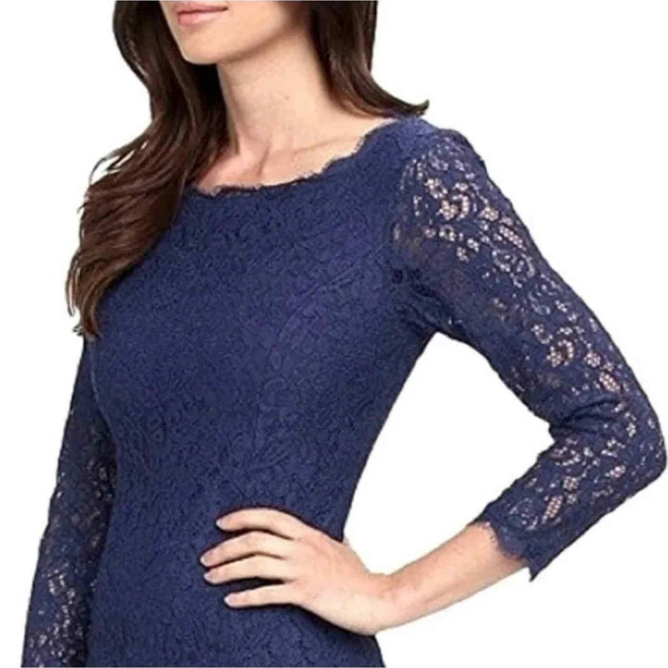 ADRIANNA PAPELL Navy Blue Floral Lace 3/4 Sleeve Evening Gown Maxi Dress Size 4 - Image 4 of 4