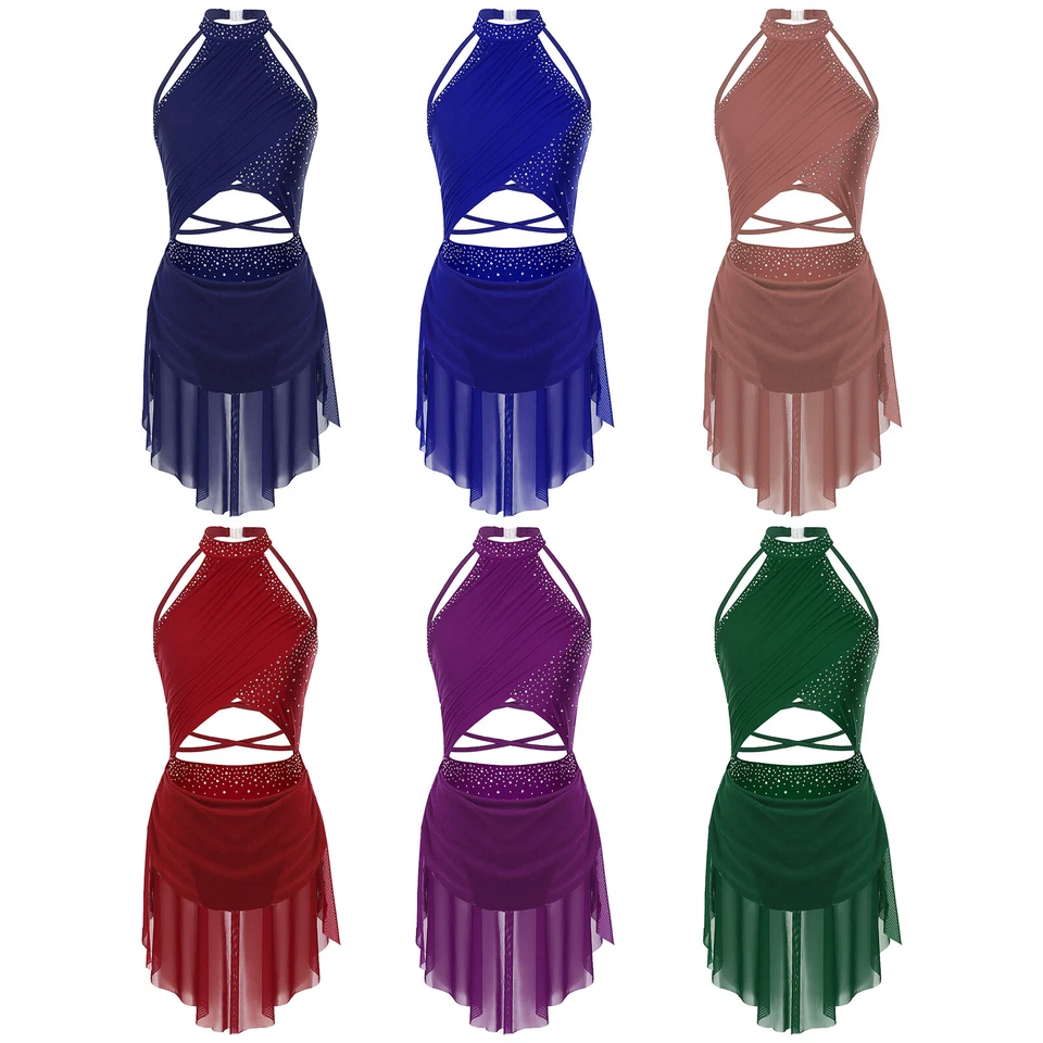 UK Women Girls Rhinestones Ballet Leotard Dress Lyrical Jazz Latin Dance Costume - Image 4 of 4