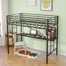 Twin Size Loft Bed Heavy Duty Metal Bed Frame with Desk & USB Ports Black
