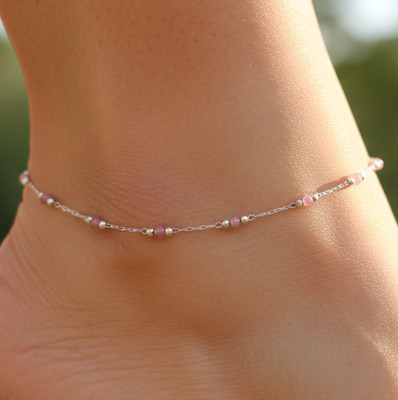 Elegant 925 Silver Plated Minimalist Anklet Pink Tourmaline Beaded Charm Design