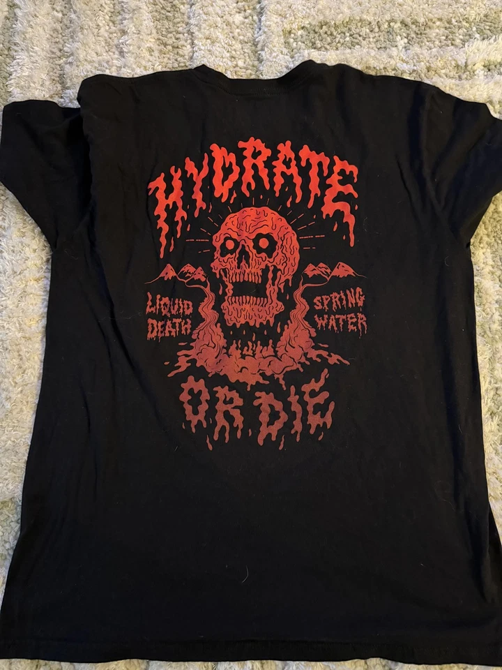 Liquid Death 衬衫男式 XL 黑色 Hydrate Or Die Spring Water Skull 图形 T 恤 — 第 4/4 张图片