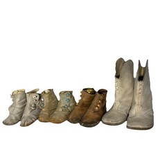 Lot of 4 Antique Baby Button Shoe Leather Cowboy Pull On Boots Early Authentic