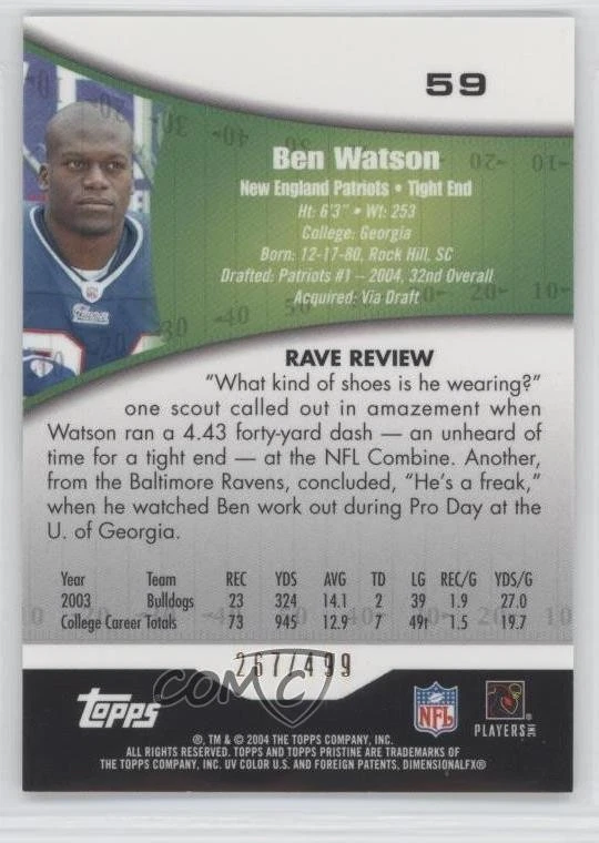 2004 Topps Pristine /499 Ben Watson #59 Rookie RC - Image 2 of 2