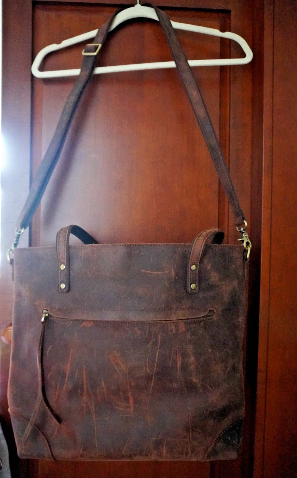 Dark Brown Vintage Leather Tote Bag S-Zone Laptop Travel Adj