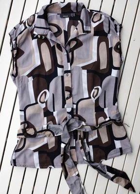 Mexx Bluse Gr. 36 retro print turtle neck grau beige Oberteil geometrisch Muster - Bild 1 von 4