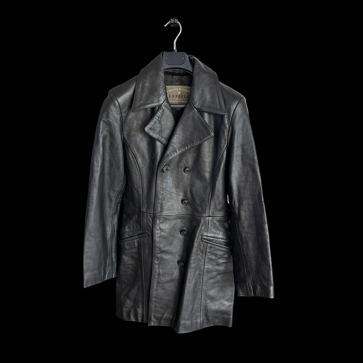Vintage 90's Express Black Leather Trench Coat Med Double Breasted