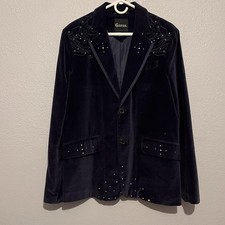 Guess Blue Velveteen Embroidered Neckline W/Embellishments Smoke Blazer Size M