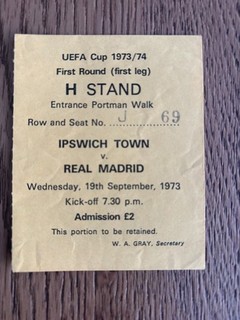 IPSWICH TOWN V REAL MADRID TICKET STUBB. 19TH SEPT 73. UEFA CUP 1ST RD 1ST LEG.