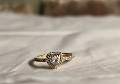 Pandora Elevated Heart 14 Kt Gold Ring Size 8.5 (Eur 58) CZ  Heart Stone