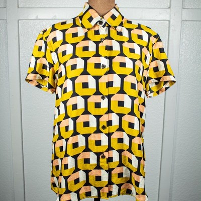 Prada Geometric Print Button Front Blouse IT 40 Yellow Mod Retro (Read Flaws)
