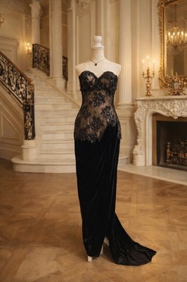 VTG'80s San Carlio Saks Fifth Avenue Black Lace Corset Velvet Gown Evening 10 