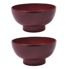 Set of 2 Japanese 4.5"D Lacquer Miso Soup Rice Bowl Red Wood Grain Made in Japan