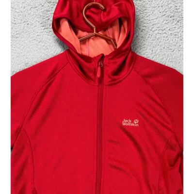 Jack Wolfskin Jacket Womens Medium Red Geometric Full Zip Hooded Outdoor Ladies