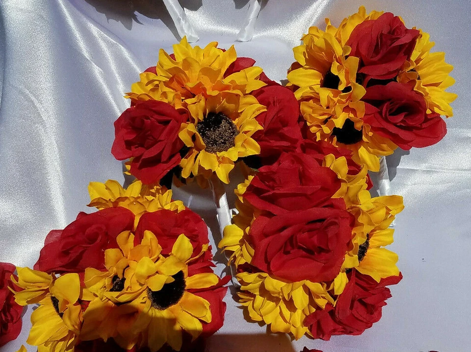 17 Piece Wedding Bouquet Set, Red Roses, Yellow Sunflowers, Bouquet Package - Image 3 of 4