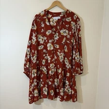 Emma & Michele Womens Shift Dress 2X Orange Floral Drop Waist Boho Cottagecore