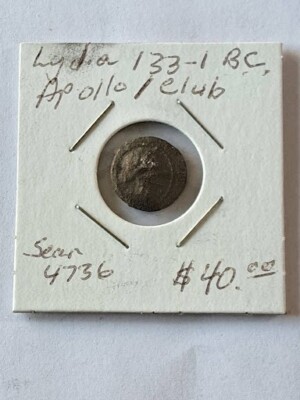 G52-01  SARDES, Lydia    AE civic issue, 133-1 BC.   Apollo / club within wreath