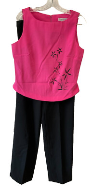 DAWN JOY - 2 PC BLACK PANTS W/HOT PINK SLEEVELESS BLOUSE W/BLACK FLOWERS-SZ 10