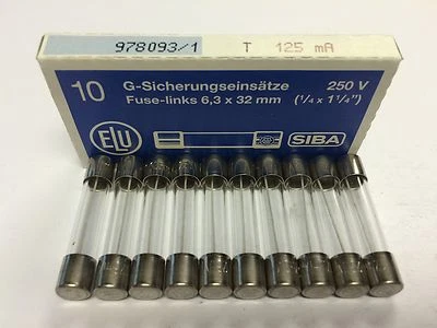 T125mA250V SIBA 125mA 250V Time Lag Slow Blow Glass Fuse 6x32mm Pk5/Pk10 JPSF354