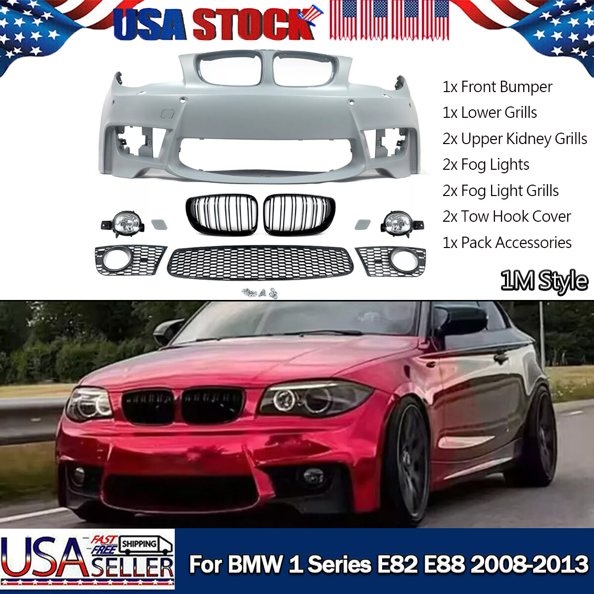 FRONT BUMPER KITS FOG LIGHTS & GRILLES FIT 2008-13 BMW E82 E88 128i 135i 1M LOOK