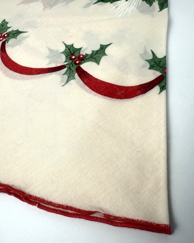 Vintage Christmas Tablecloth 1950s Poinsettia Candles Holly Holiday 66" Round - Picture 5 of 14