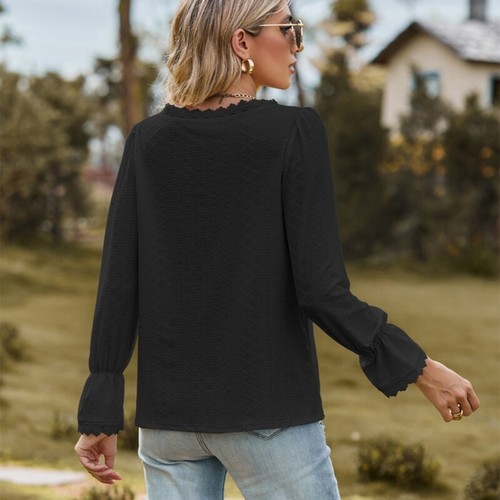 Women Flare Long Sleeve Loose Shirt Lace Crochet V-Neck Jacquard Tunics Blouse - Picture 5 of 38
