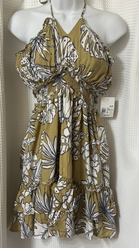 Boho Coastal Coachella Rayon Halter Smocked Ruffle Resort Flowy Mini Dress SZ S