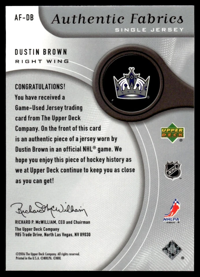 2005-06 SP Game Used Authentic Fabrics Dustin Brown Los Angeles Kings #AF-DB - Image 2 of 2
