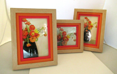 Lot of 3 Bright Orange triple layer wooden picture photo frames for 5x7 snapshot