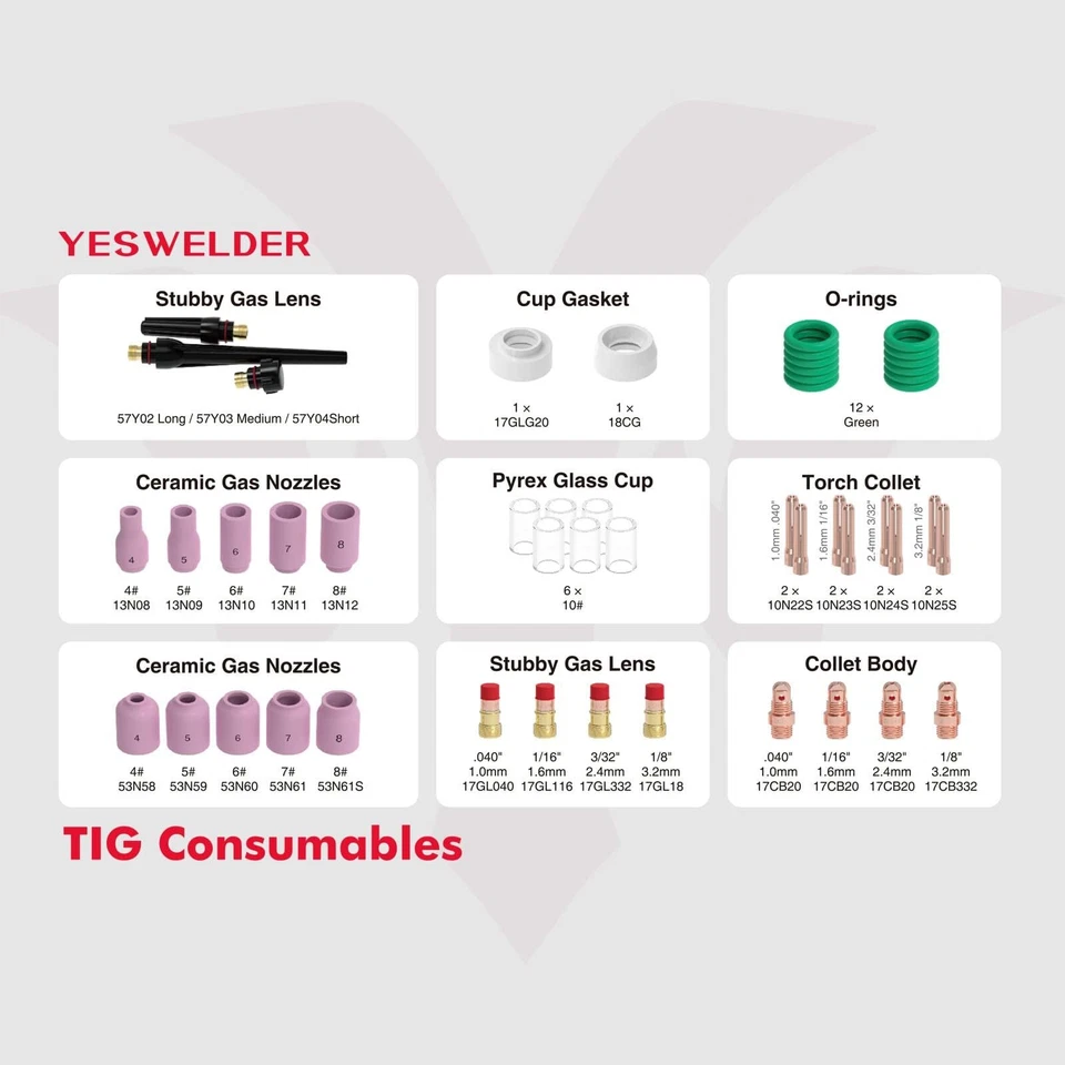 49件装TIG焊接火炬Stubby气体镜头Pyrex玻璃杯套件适用于WP-17/18/26 — 第 2/4 张图片