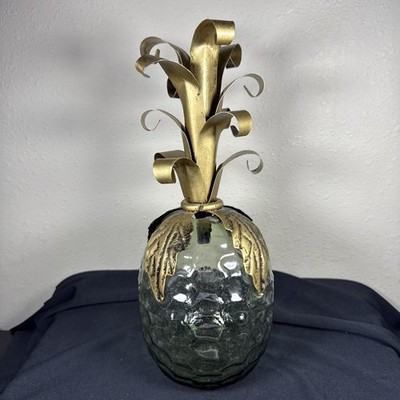 Vintage Glass Pineapple Sculpture 12  Brass Tone Hollywood Regency Decor