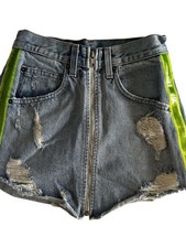 Carmar Distressed Denim Mini Skirt W/ Neon Yellow Stripe Zip Front Women 25