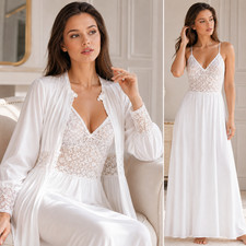 VASSARETTE Peignoir 2pc Set White LARGE Stretch Lace Bodice Bridal Gown Robe